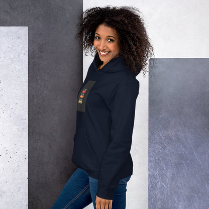 Unisex hoodie navy, side view with sleeve graphic and pullover hood.