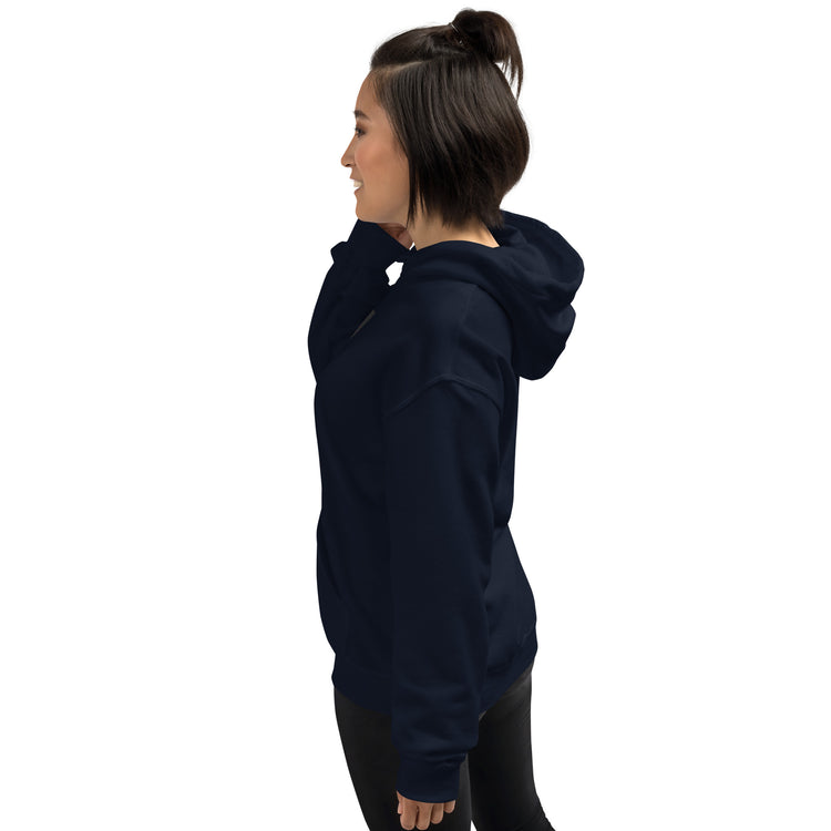 Unisex navy hoodie with hood and front pocket, side view from the back