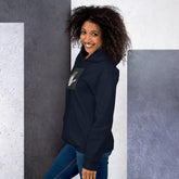 Navy unisex hoodie side view with small chest handprint graphic