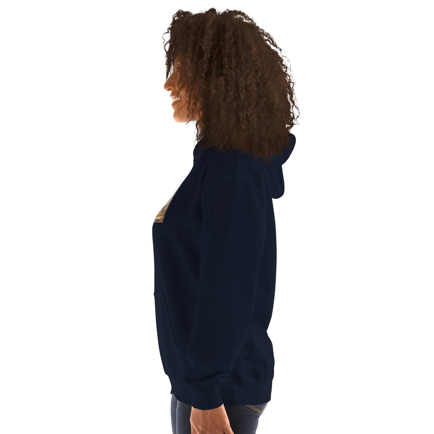 Navy unisex hoodie side view with draped hood and relaxed cuffs