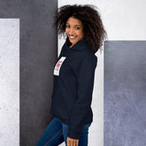 Navy unisex hoodie with side view and small square chest graphic patch