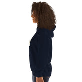 Sudadera azul marino con capucha y dobladillo acanalado, vista lateral