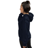 Navy unisex hoodie side/back view with hood and drawstring.