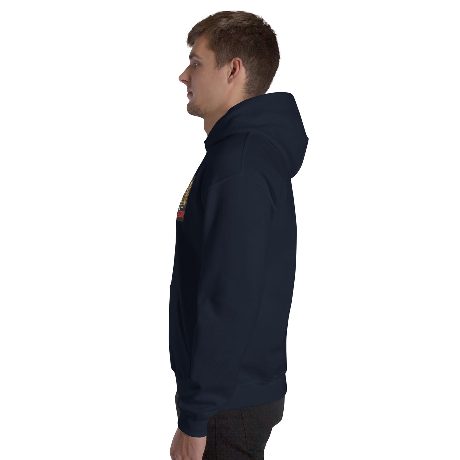 Navy unisex pullover hoodie with chest print, side profile