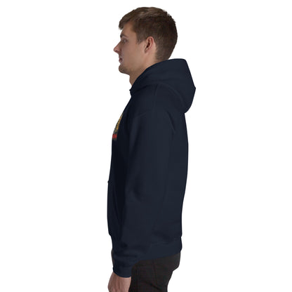 Navy unisex pullover hoodie with chest print, side profile