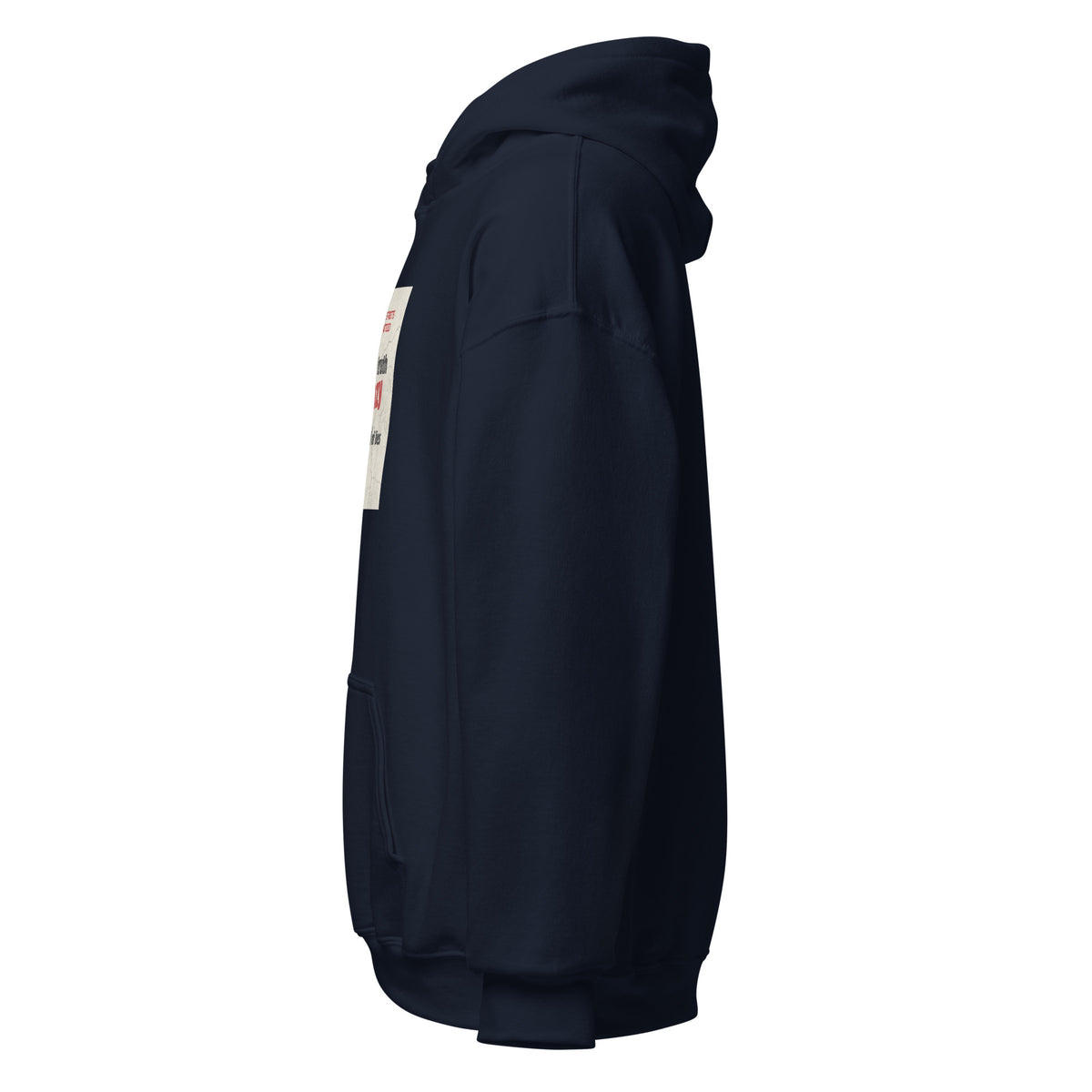 Navy pullover hoodie side view with sleeve print detail and drawstring hood