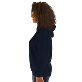 Navy pullover hoodie side view with drawstring hood