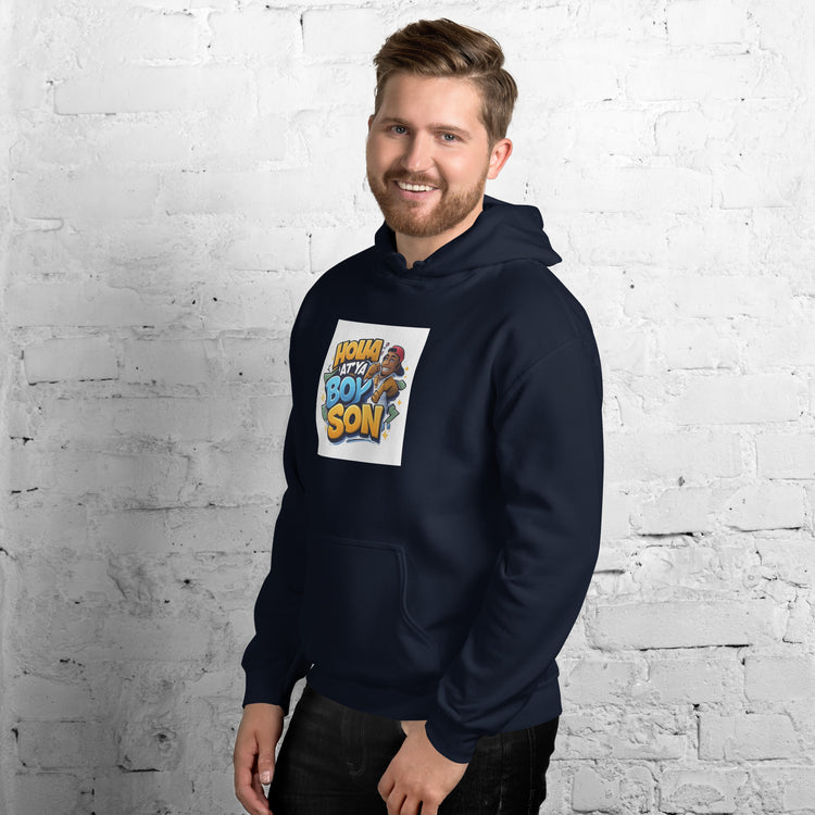 Unisex navy hoodie side view with front graphic print