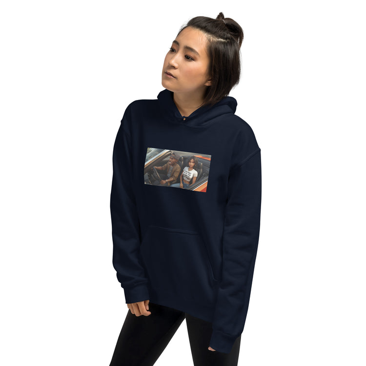 Navy unisex hoodie with hood, pouch pocket, and chest graphic print, 3/4 view.