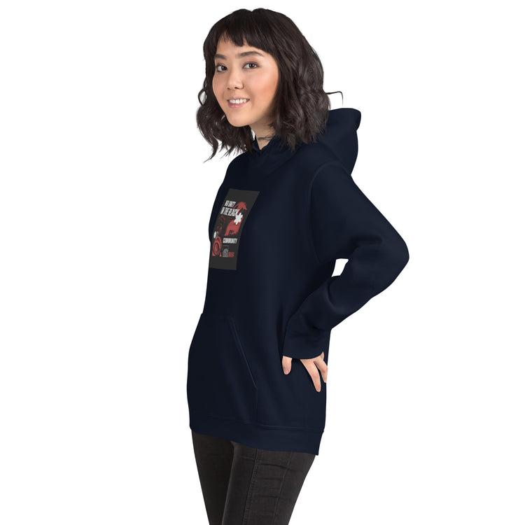Navy unisex pullover hoodie with front graphic panel and hood, side view