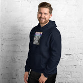 Navy unisex hoodie side view with hood, kangaroo pocket, and front text graphic.