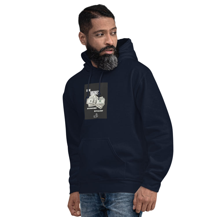 Unisex navy hoodie with front print and kangaroo pocket, front angled view
