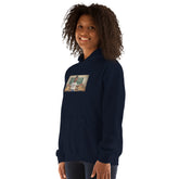Navy unisex hoodie front graphic with kangaroo pocket and drawstring hood