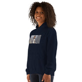 Navy unisex hoodie with chest graphic panel, hood and front pouch pocket