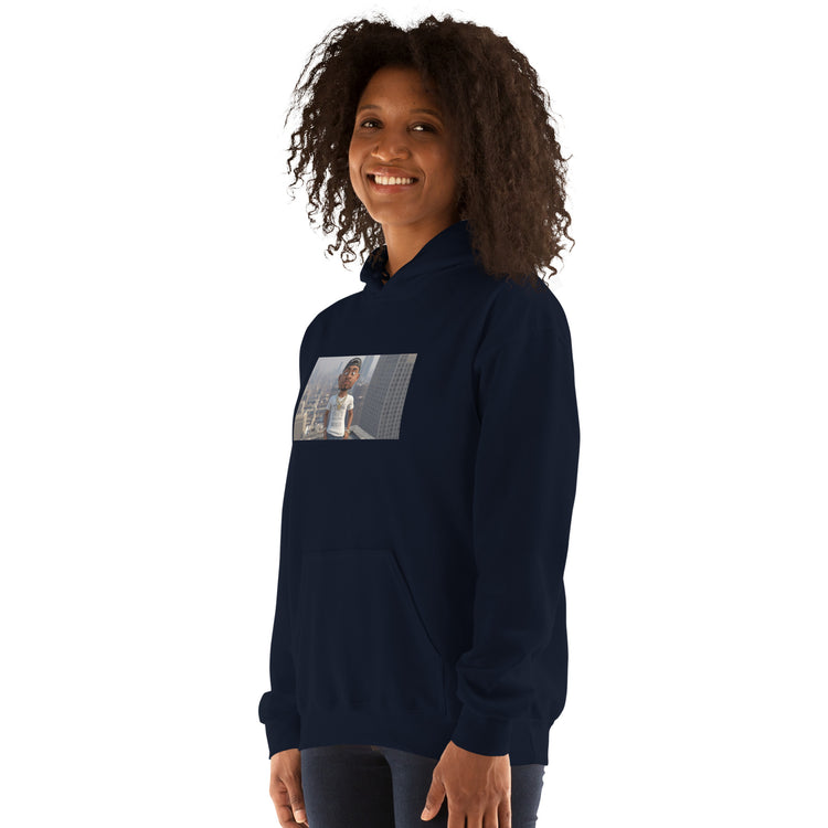 Navy unisex hoodie with chest graphic panel, hood and front pouch pocket