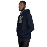 Navy unisex hoodie with chest graphic print, front view, hood and pouch pocket.