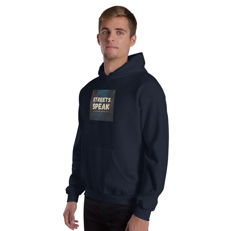 Navy unisex pullover hoodie front-right view with hood, kangaroo pocket, chest graphic