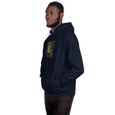 Navy unisex hoodie with hood, kangaroo pocket, and small front chest graphic
