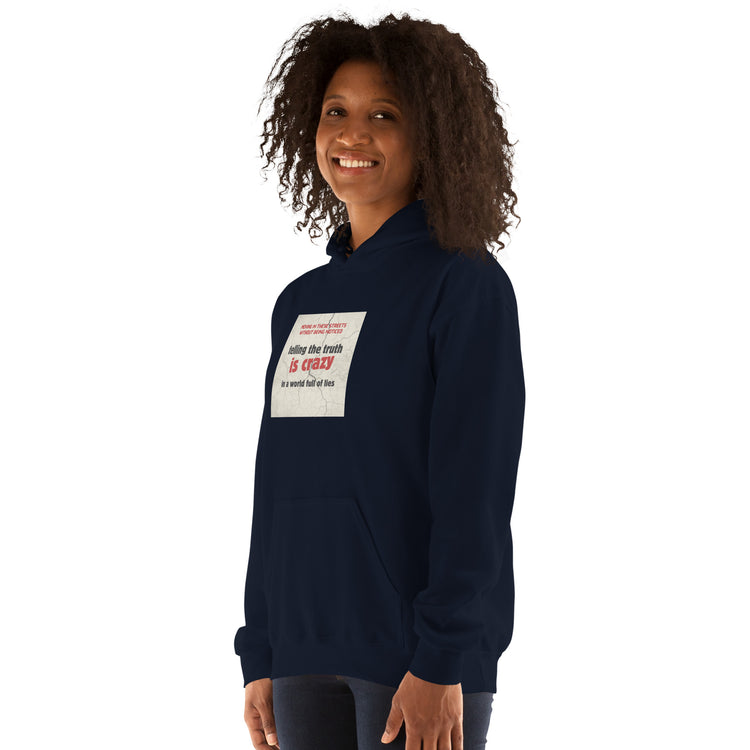 Sudadera azul marino con capucha y bolsillo canguro, estampado frontal