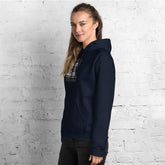 Navy unisex pullover hoodie with hood and front pocket, side view