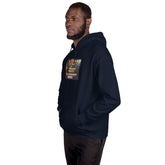 Navy unisex pullover hoodie with chest graphic and hood