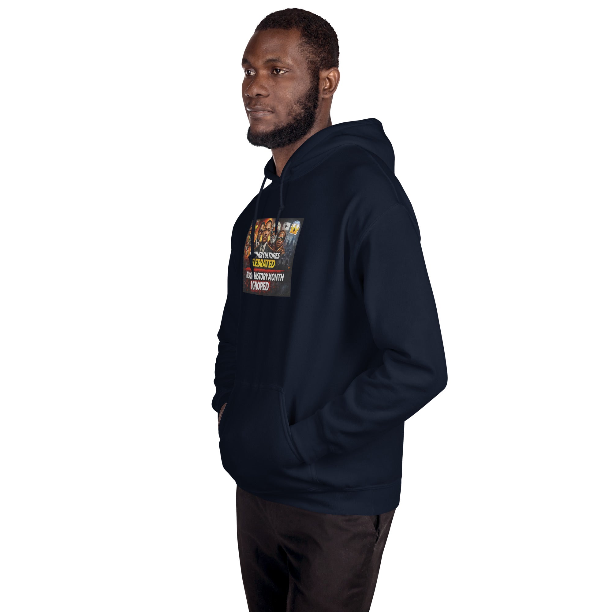 Navy unisex hoodie with colorful chest graphic, hood and front pocket