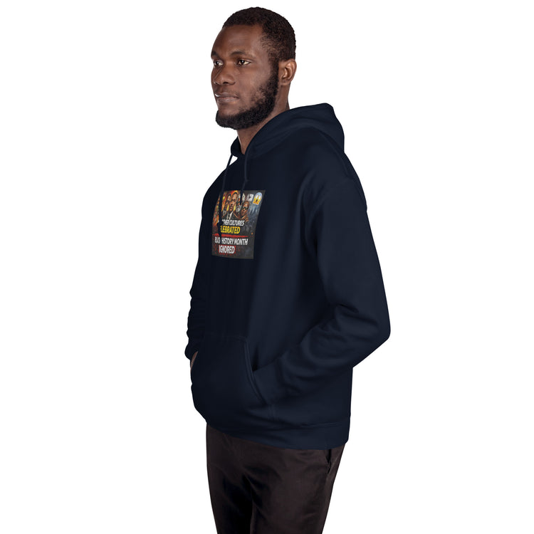 Navy unisex pullover hoodie with chest graphic and hood