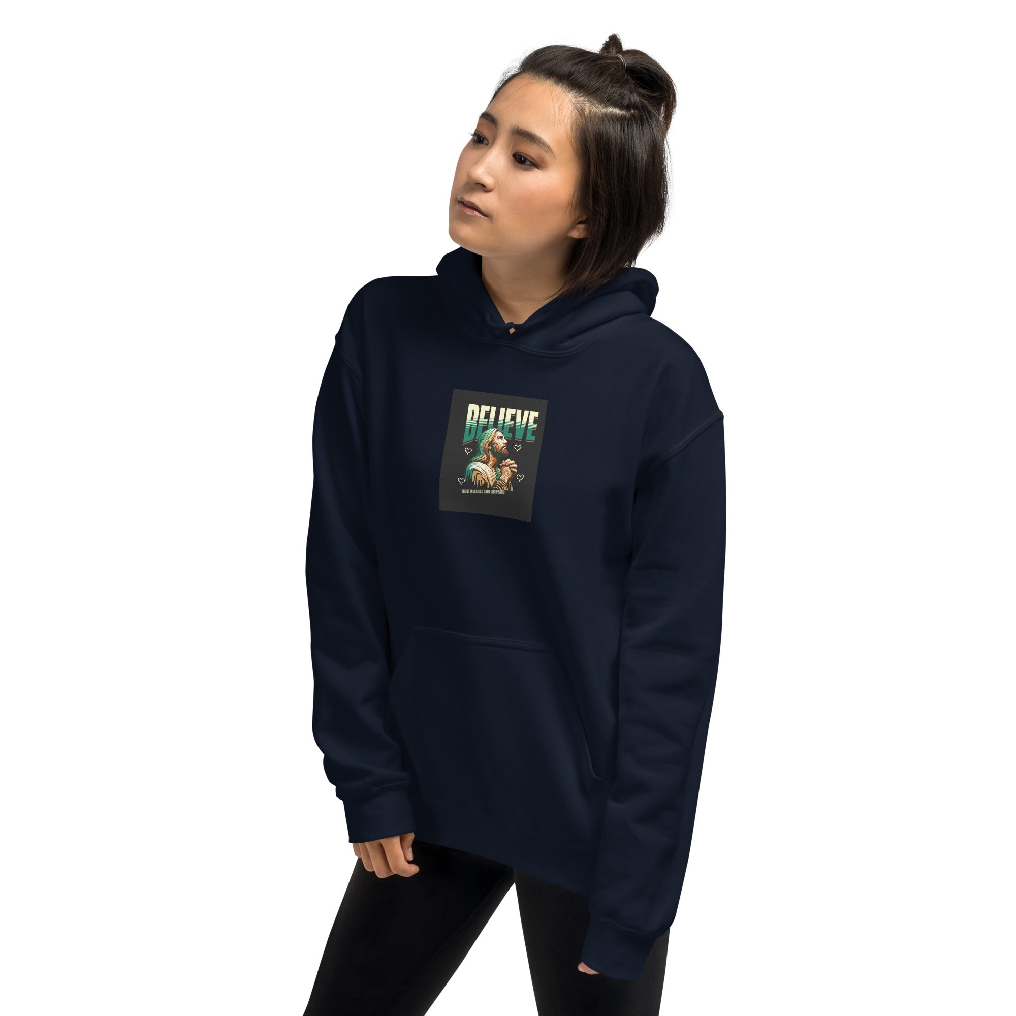 Navy hoodie front view with chest graphic, hood and kangaroo pocket.