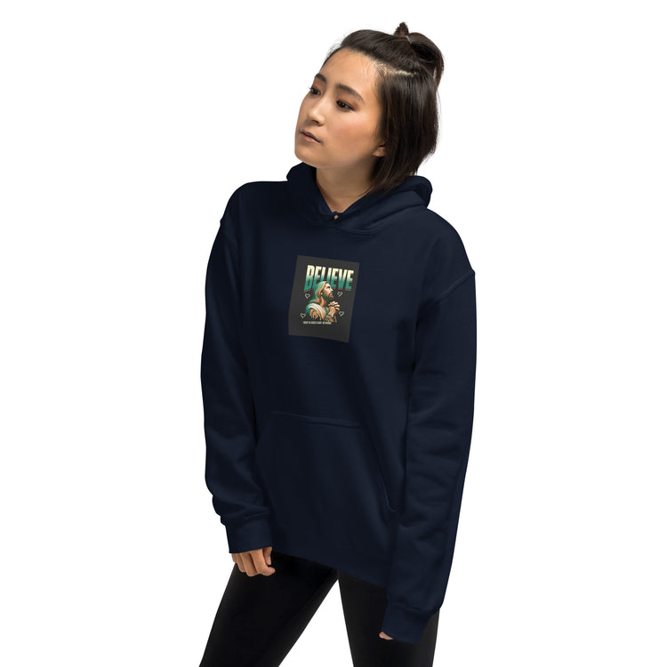 Navy hoodie front view with chest graphic, hood and kangaroo pocket.