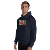 Navy unisex pullover hoodie with chest graphic and hood