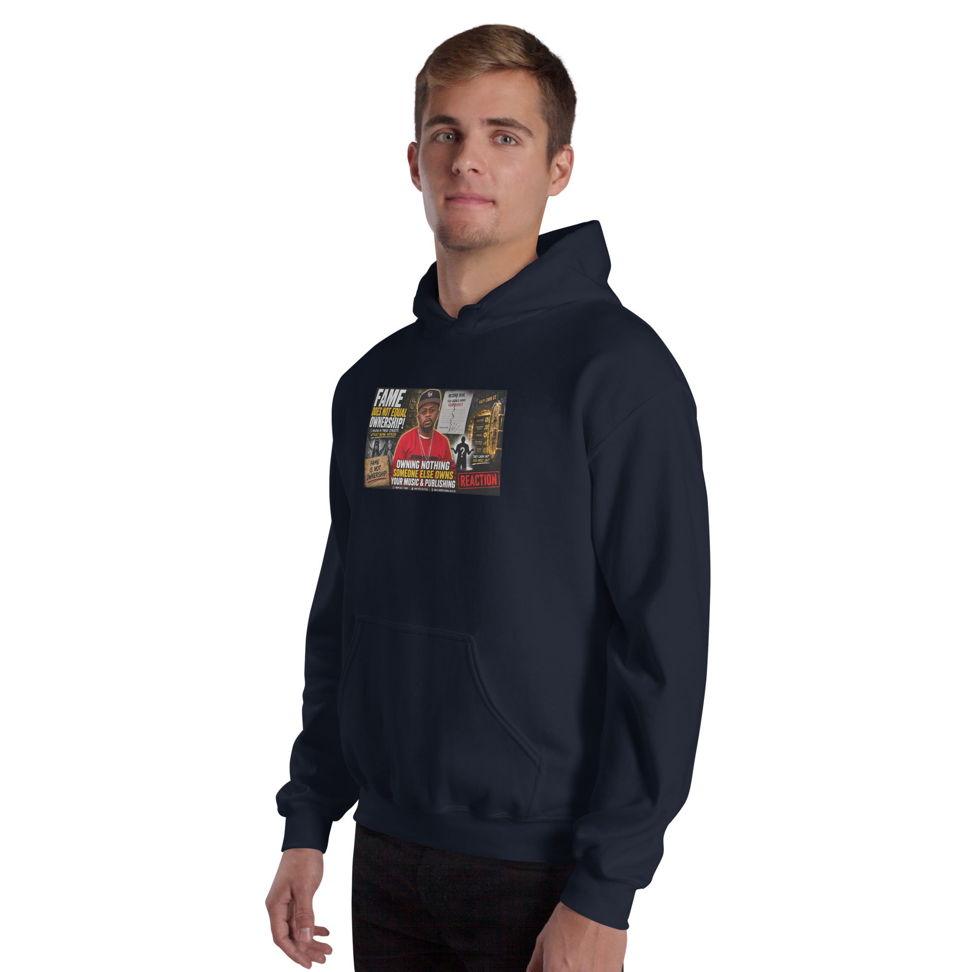 Navy unisex pullover hoodie with chest graphic and hood