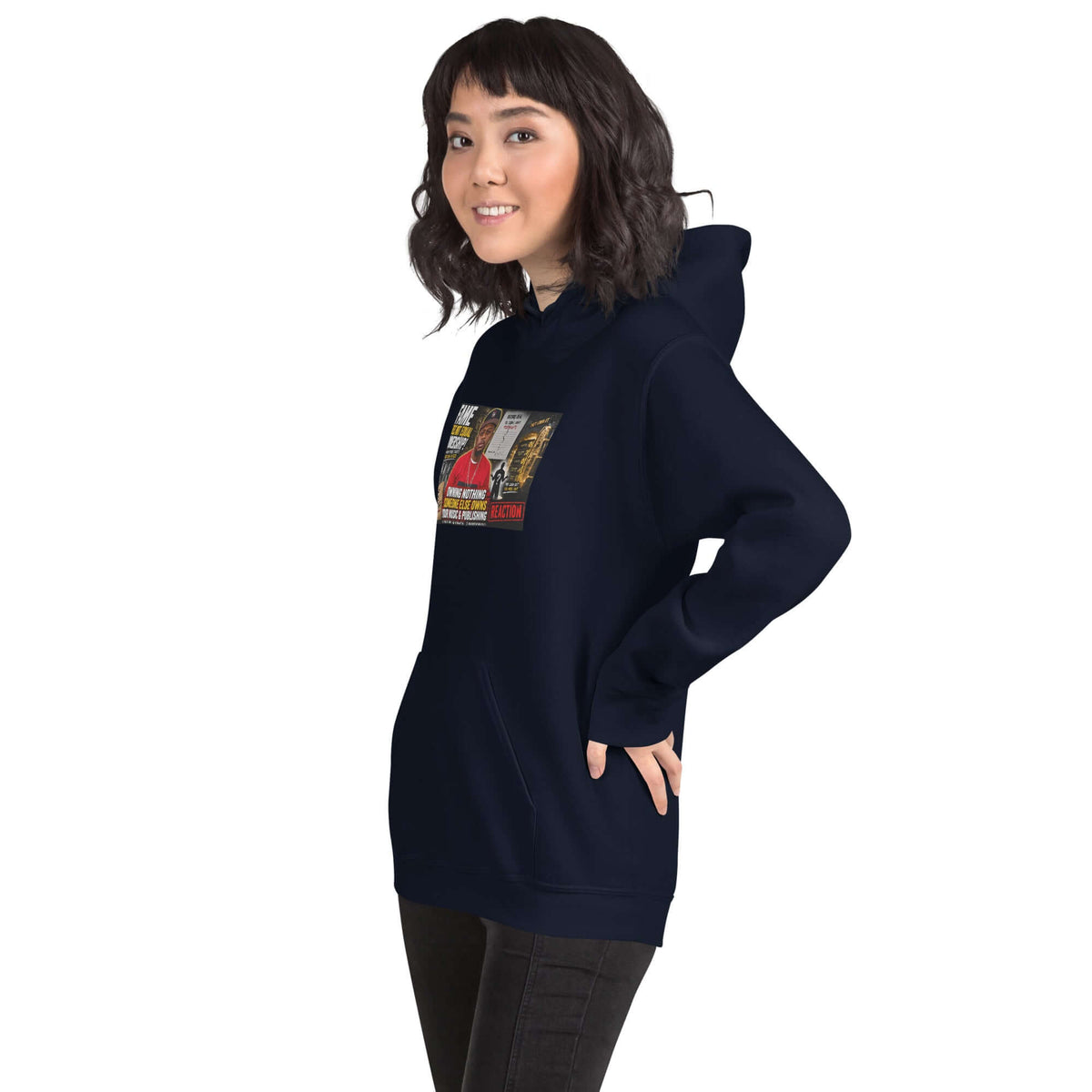 Navy pullover hoodie with attached hood, kangaroo pocket, and small front graphic; side view.