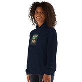 Navy pullover hoodie front view with small faith graphic and drawstring hood