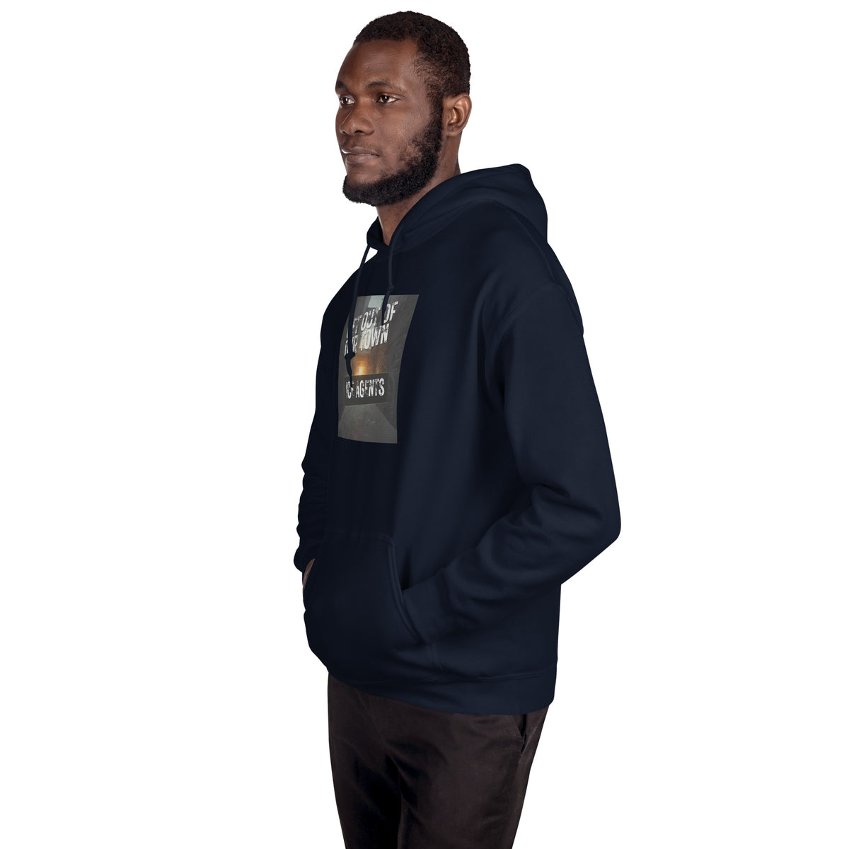 Navy pullover hoodie side view with front “ICE AGENTS” graphic