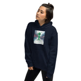 Navy pullover hoodie with hood and front pocket, front view with chest graphic print.