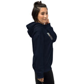 Unisex navy pullover hoodie with hood, front pouch pocket, and chest photo graphic