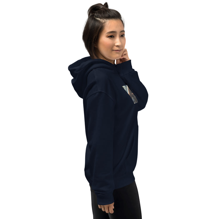 Unisex navy pullover hoodie with hood, front pouch pocket, and chest photo graphic