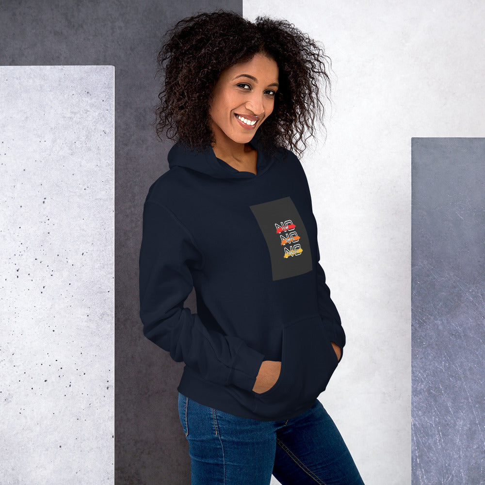 Unisex hoodie navy, front square chest graphic, hooded pullover.
