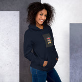 Navy unisex hoodie with chest graphic patch and drawstring hood, front view