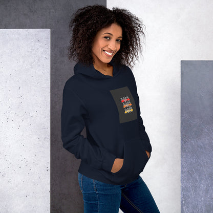 Unisex hoodie navy, front square chest graphic, hooded pullover.