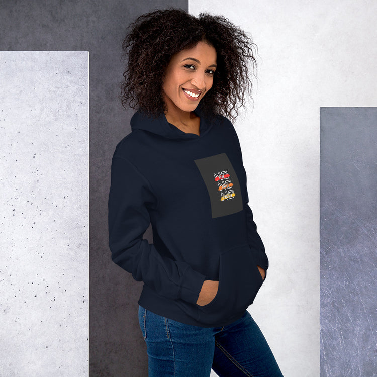 Navy unisex hoodie with chest graphic patch and drawstring hood, front view