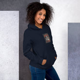 Navy unisex hoodie with hood and chest graphic patch, front three-quarter view