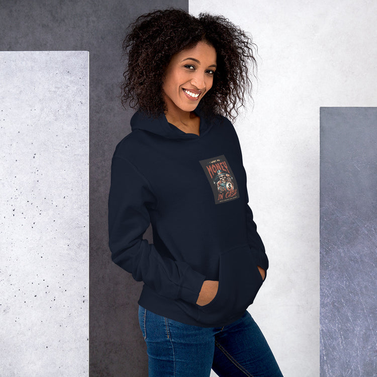 Navy unisex hoodie with hood and chest graphic patch, front three-quarter view