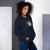 Navy unisex hoodie front view with white handprint graphic