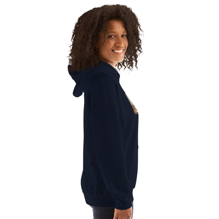 Navy unisex hoodie with front pocket and hood, long sleeves