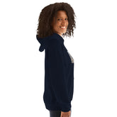 Navy pullover hoodie with hood, front pouch pocket, and chest graphic print.