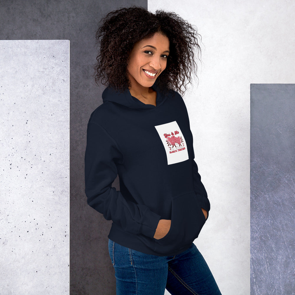 Navy unisex hoodie front view, white square heart print on the chest.