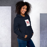 Navy unisex hoodie with hood and square chest graphic patch on front