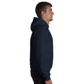 Unisex navy hoodie with pullover hood and kangaroo pocket, side view.
