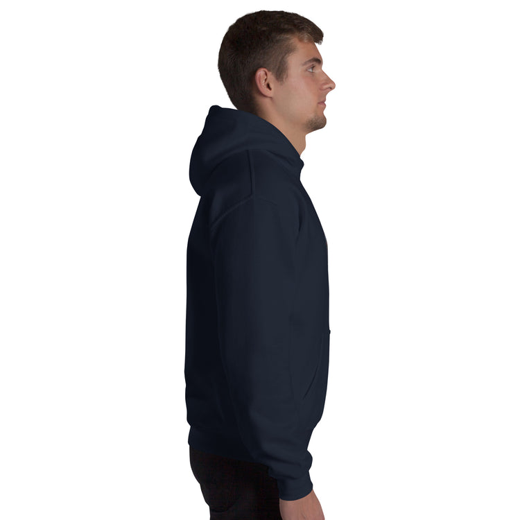 Unisex navy hoodie with pullover hood and kangaroo pocket, side view.